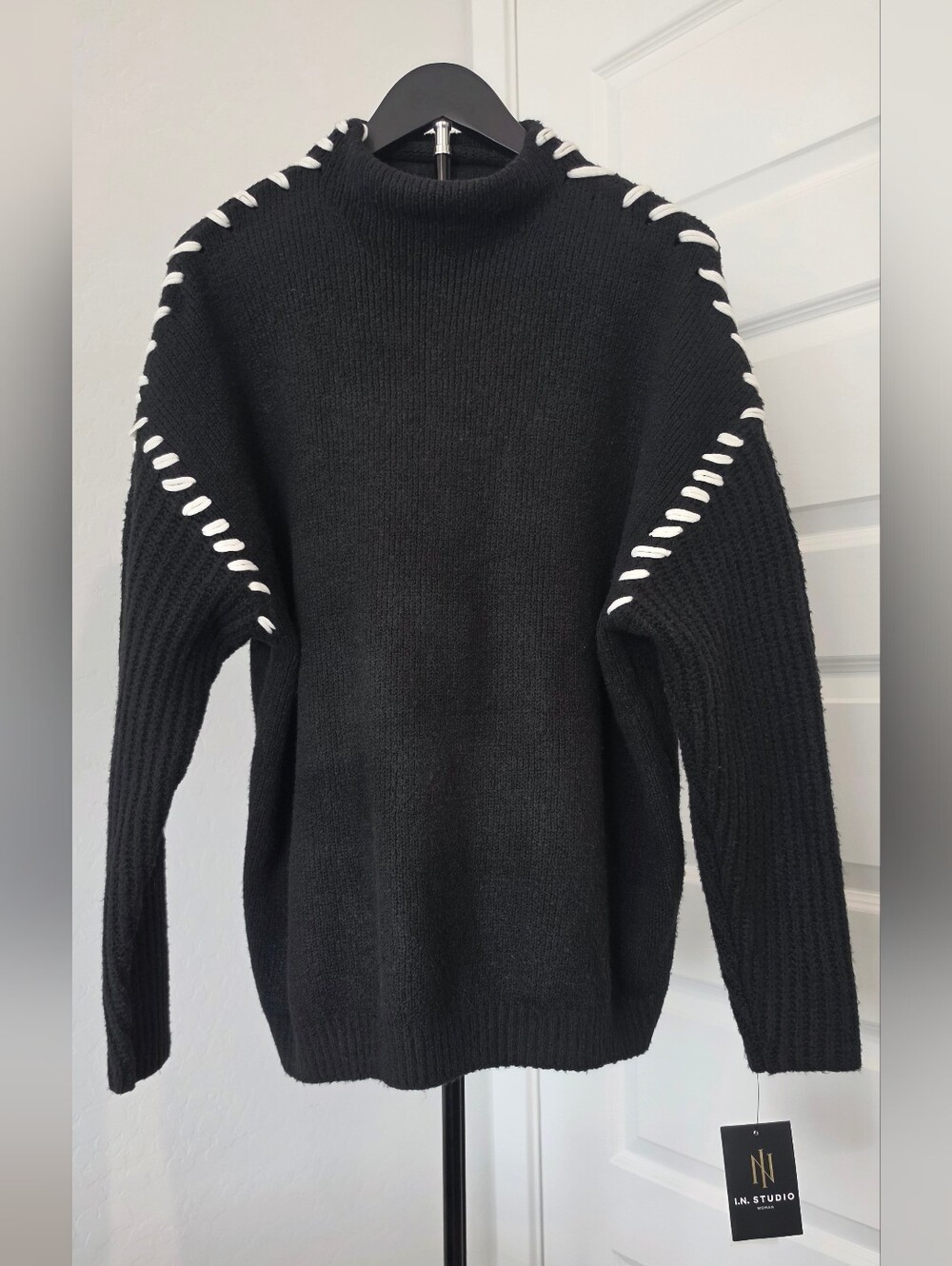 NWT I.N. Studio Black Mock Neck Sweater White Stitch Knit Oversized Women Sz 1X